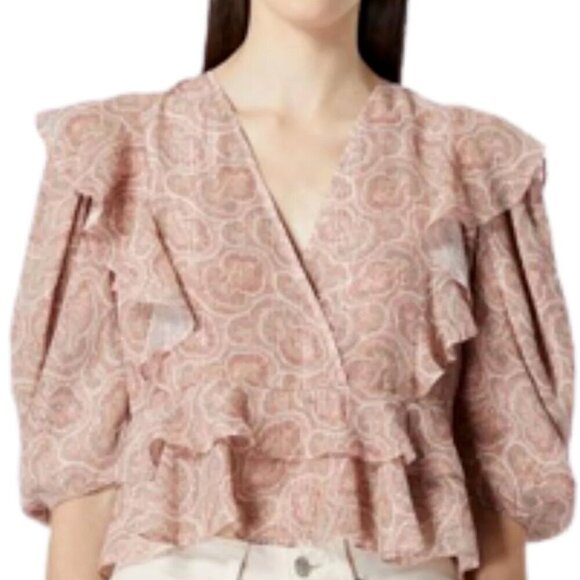 The Kooples Boho Silk Blend Crop Top Womens Pink Short Puff Sleeve V Neck Ruffle - Picture 7 of 7